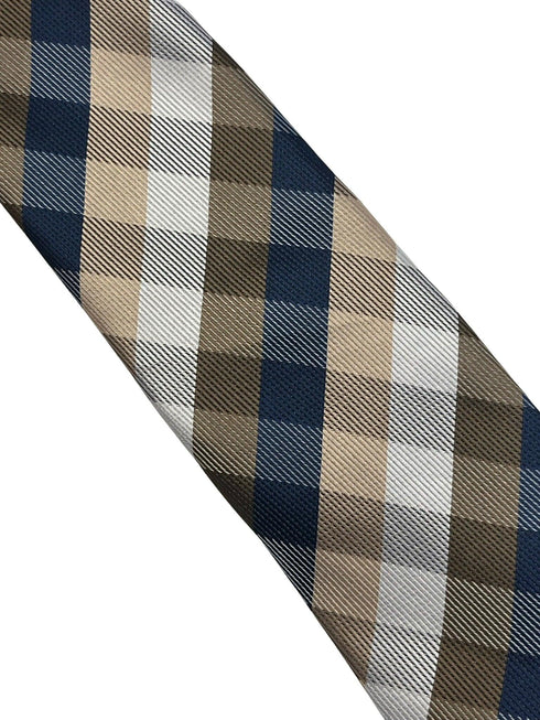 Gold, silver and navy dark blue plaid checked tie